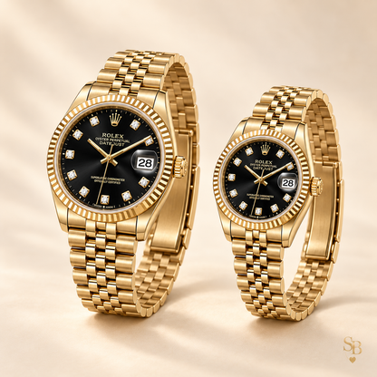 Partneruhren-Set – Goldfarben & Schwarz – 36 & 28 mm – Seitenansicht und Armband