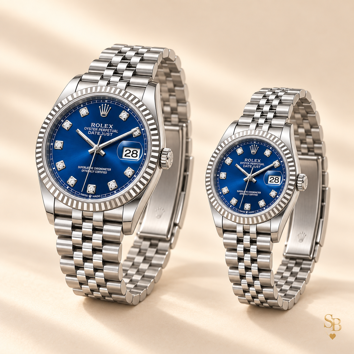 Partneruhren-Set – Silberfarben & Blau – 36 & 28 mm – Seitenansicht und Armband