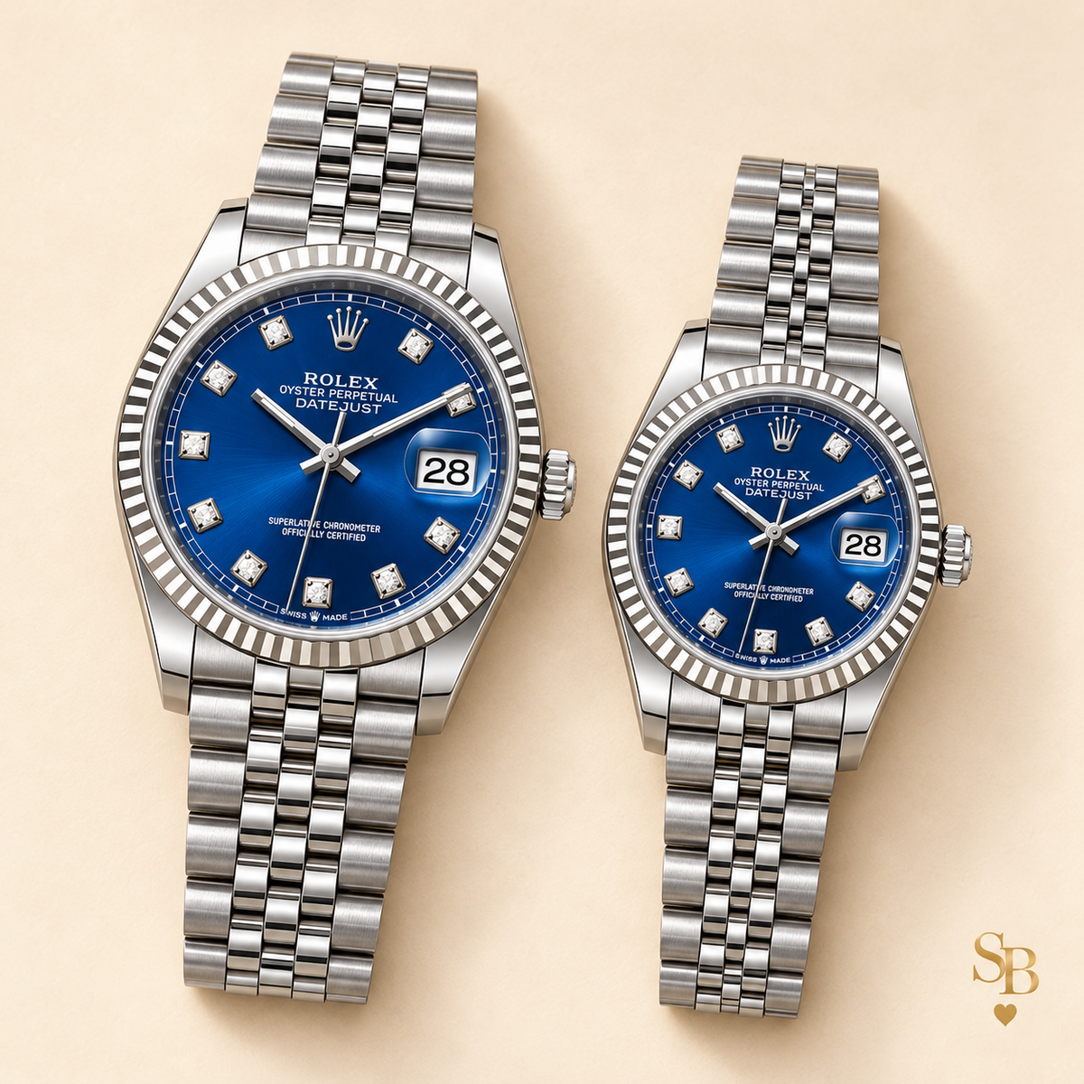 Partneruhren-Set – Silberfarben & Blau – 36 & 28 mm – Vorderansicht