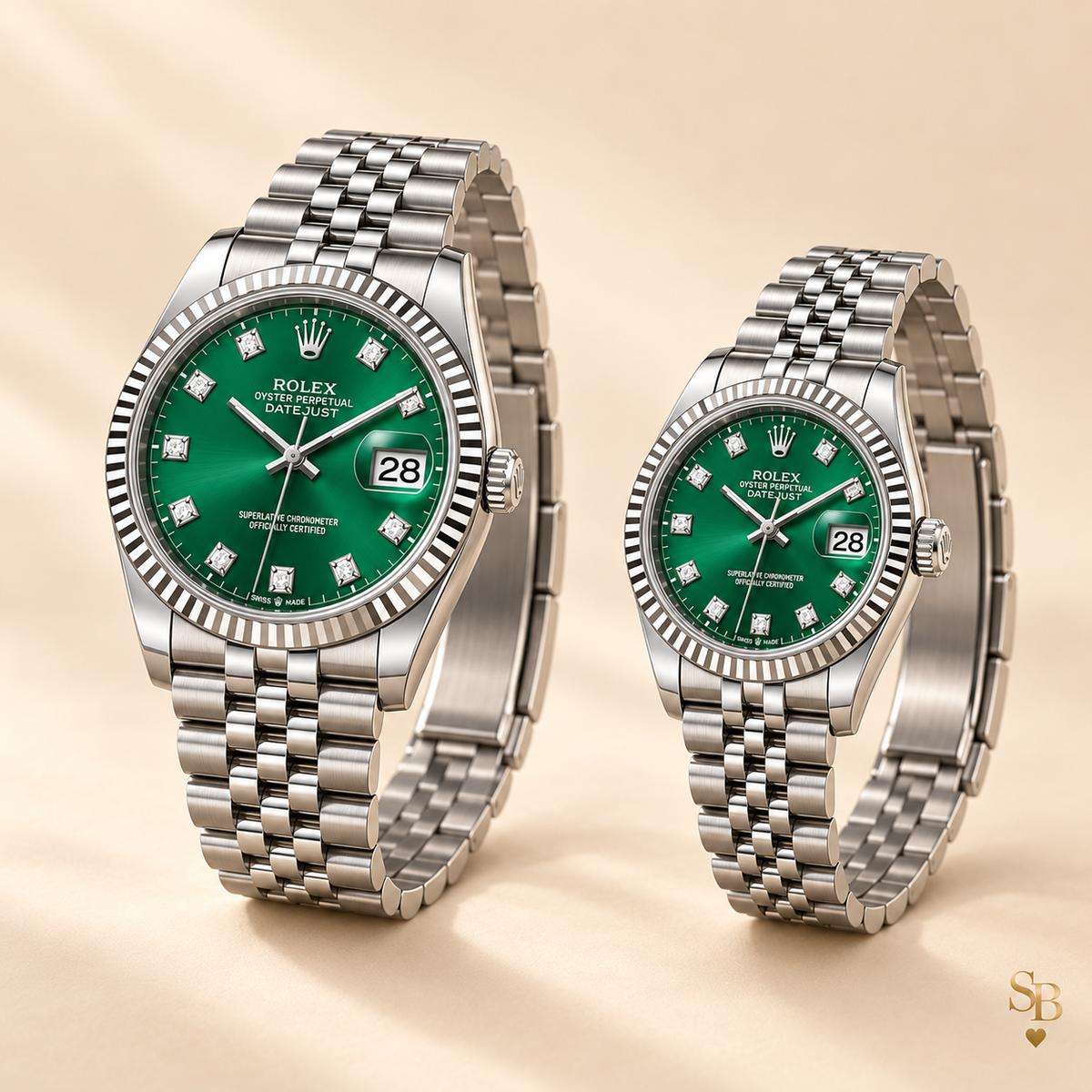 Partneruhren-Set – Silberfarben & Grün – 36 & 28 mm – Seitenansicht und Armband