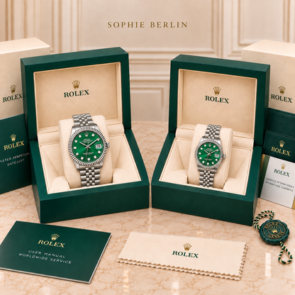 Partneruhren-Set – Silberfarben & Grün – 36 & 28 mm – zwei schräg gegenüberstehende Boxen mit Zubehör