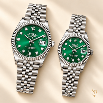 Partneruhren-Set – Silberfarben & Grün – 36 & 28 mm – Vorderansicht