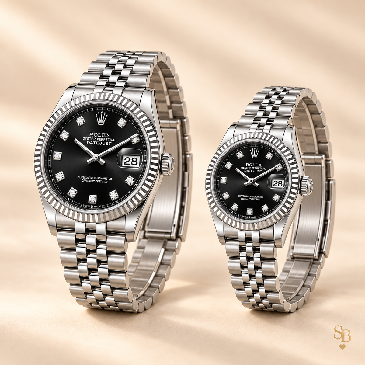 Partneruhren-Set – Silberfarben & Schwarz – 36 & 28 mm – Seitenansicht und Armband