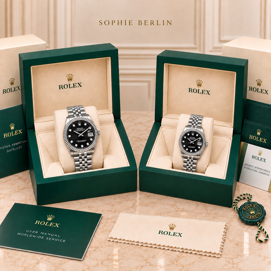 Partneruhren-Set – Silberfarben & Schwarz – 36 & 28 mm – zwei schräg gegenüberstehende Boxen mit Zubehör