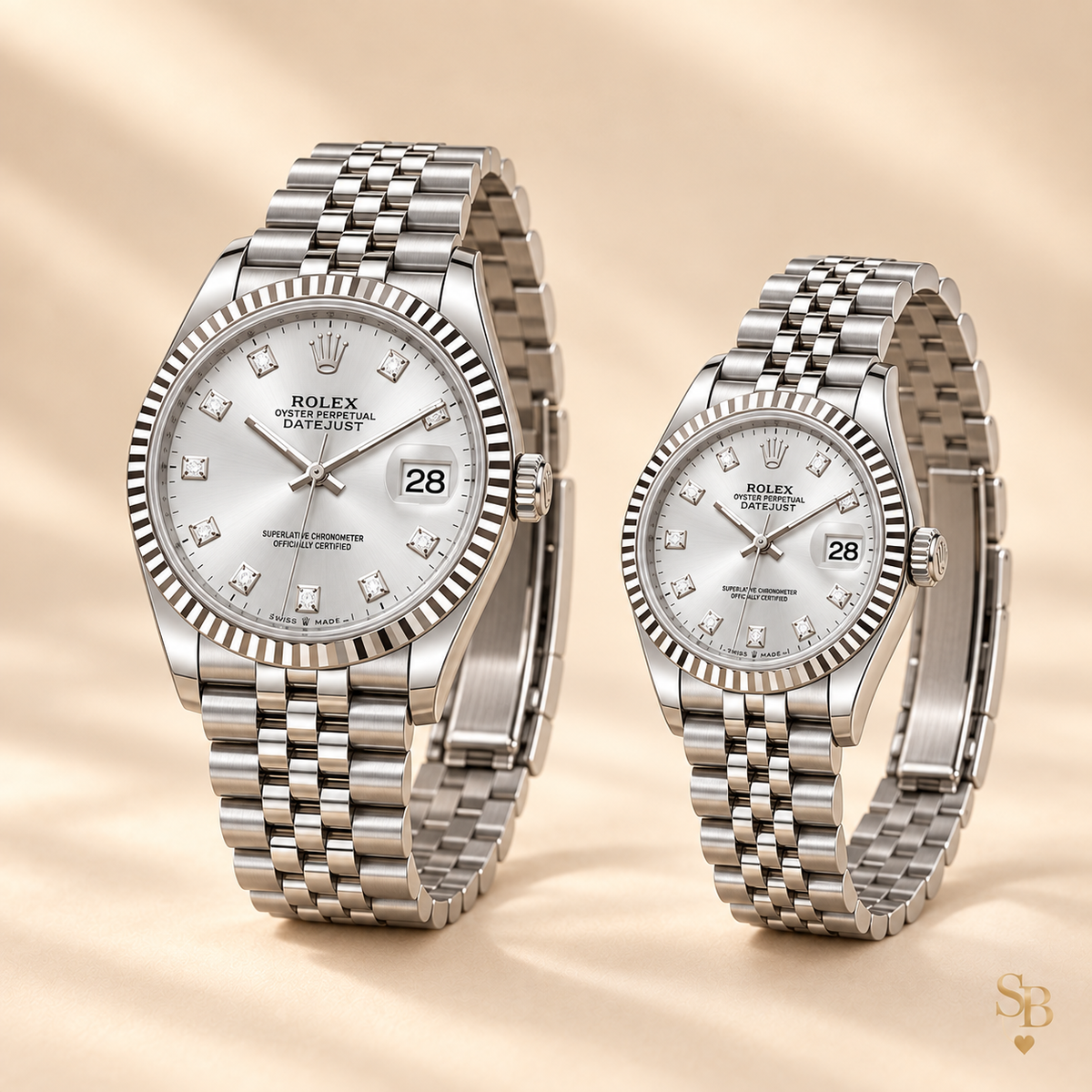 Partneruhren-Set – Silberfarben & Silber – 36 & 28 mm – Seitenansicht und Armband