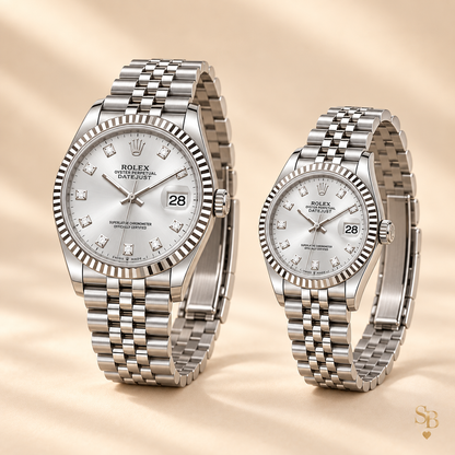 Partneruhren-Set – Silberfarben & Silber – 36 & 28 mm – Seitenansicht und Armband