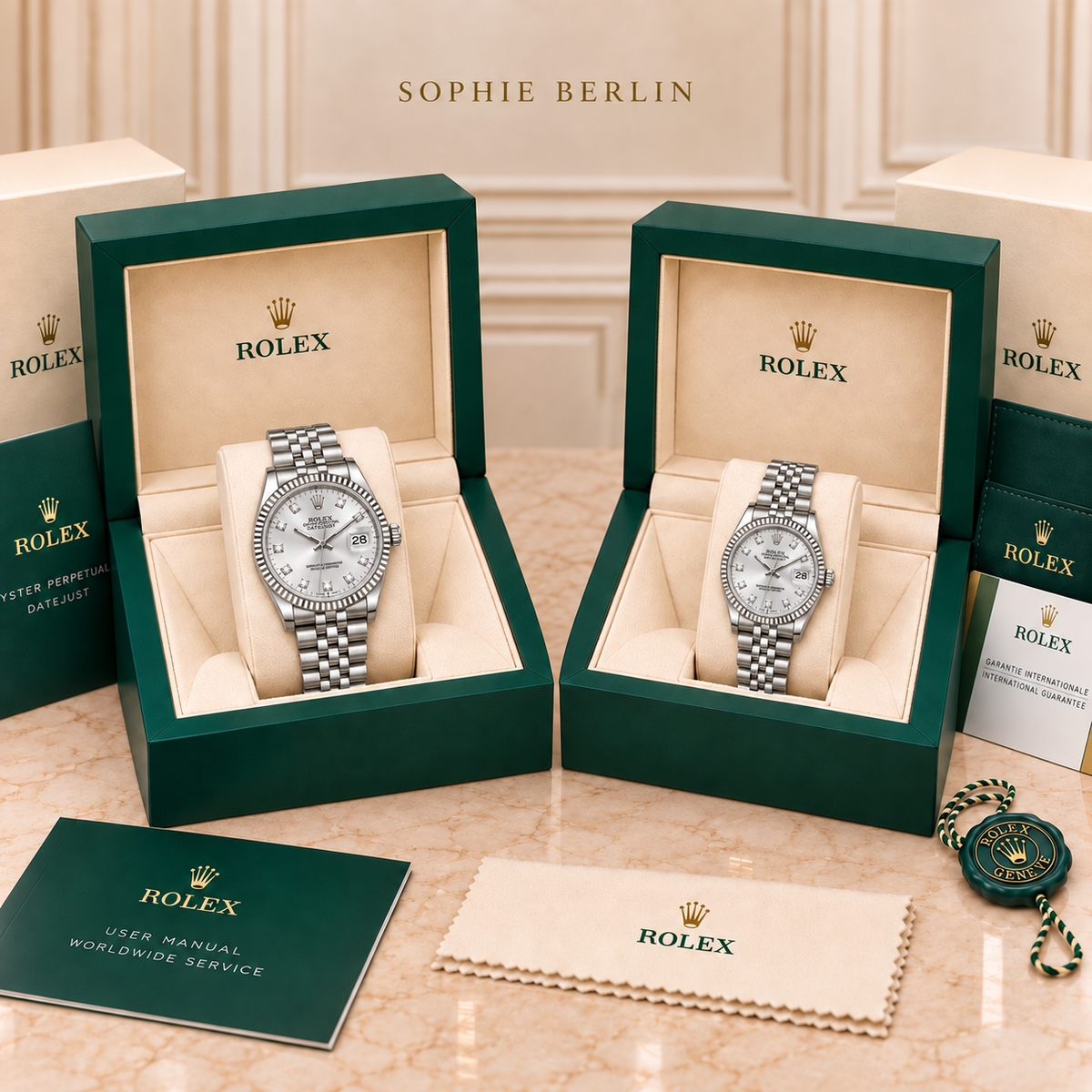 Partneruhren-Set – Silberfarben & Silber – 36 & 28 mm – zwei schräg gegenüberstehende Boxen mit Zubehör