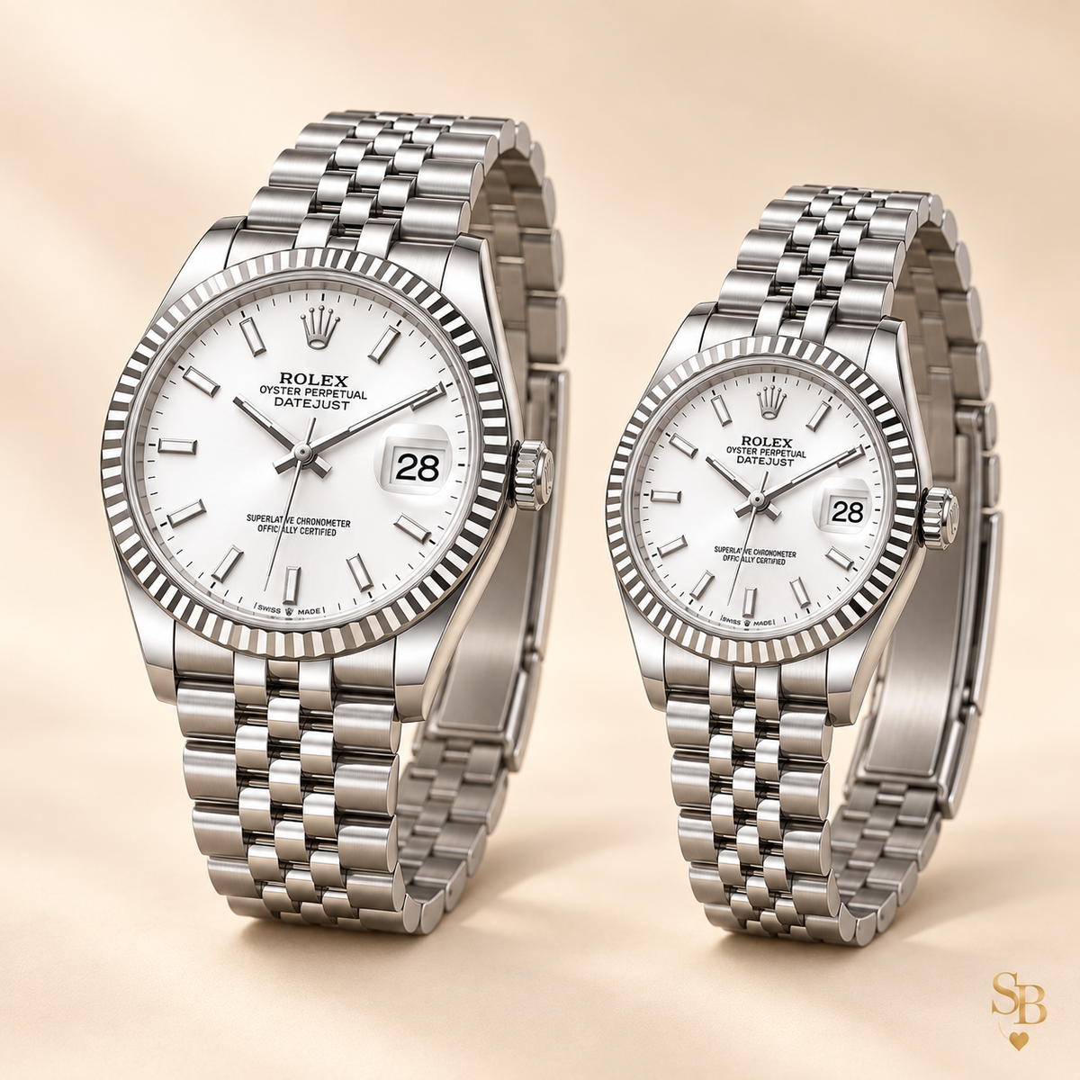 Partneruhren-Set – Silberfarben & Weiß – 36 & 28 mm – Seitenansicht und Armband
