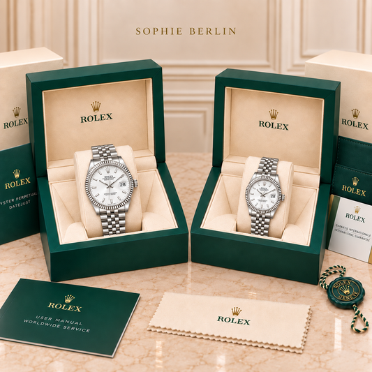 Partneruhren-Set – Silberfarben & Weiß – 36 & 28 mm – zwei schräg gegenüberstehende Boxen mit Zubehör