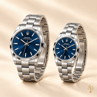 Partneruhren-Set – Silberfarben & Dunkelblau – 41 & 31 mm – Seitenansicht und Armband