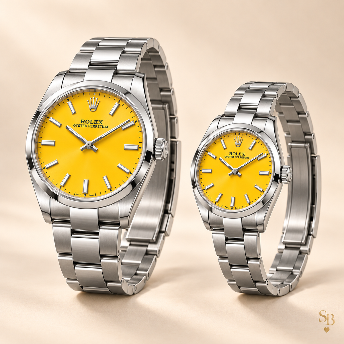 Partneruhren-Set – Silberfarben & Gelb – 41 & 31 mm – Seitenansicht und Armband