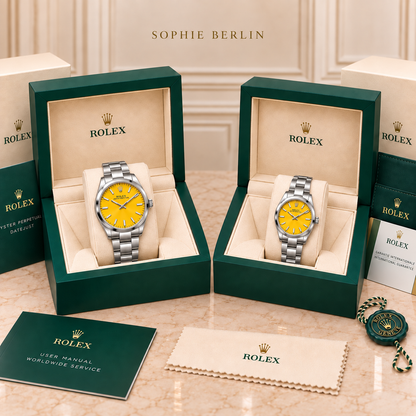Partneruhren-Set – Silberfarben & Gelb – 41 & 31 mm – zwei schräg gegenüberstehende Boxen mit Zubehör