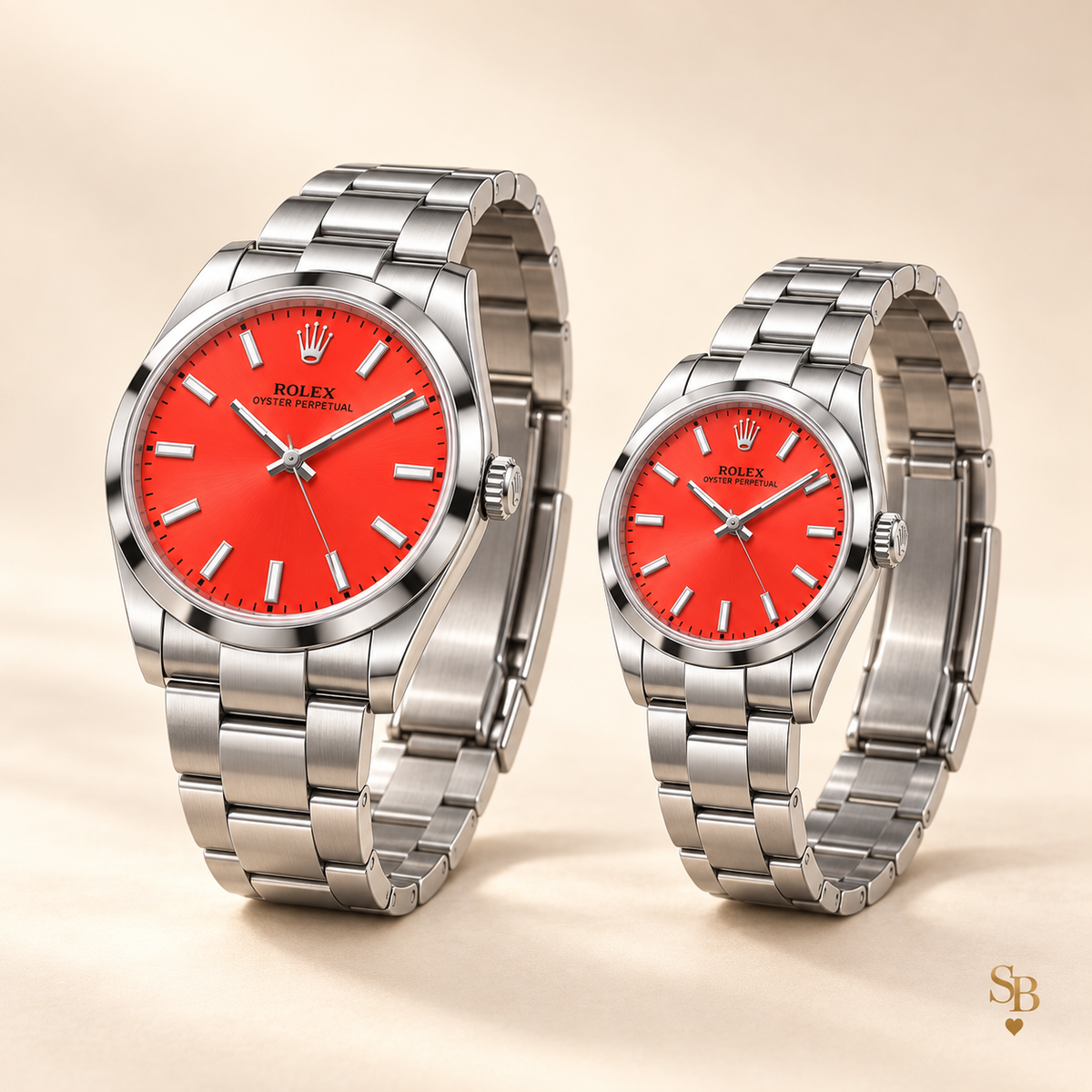 Partneruhren-Set – Silberfarben & Rot – 41 & 31 mm – Seitenansicht und Armband