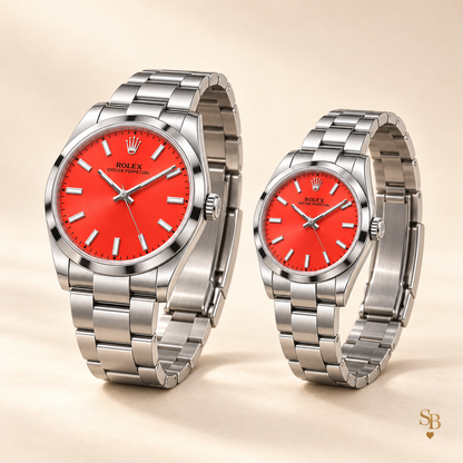 Partneruhren-Set – Silberfarben & Rot – 41 & 31 mm – Seitenansicht und Armband