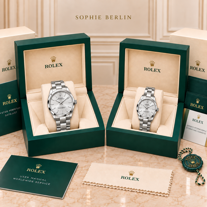Partneruhren-Set – Silberfarben & Silber – 41 & 31 mm – zwei schräg gegenüberstehende Boxen mit Zubehör