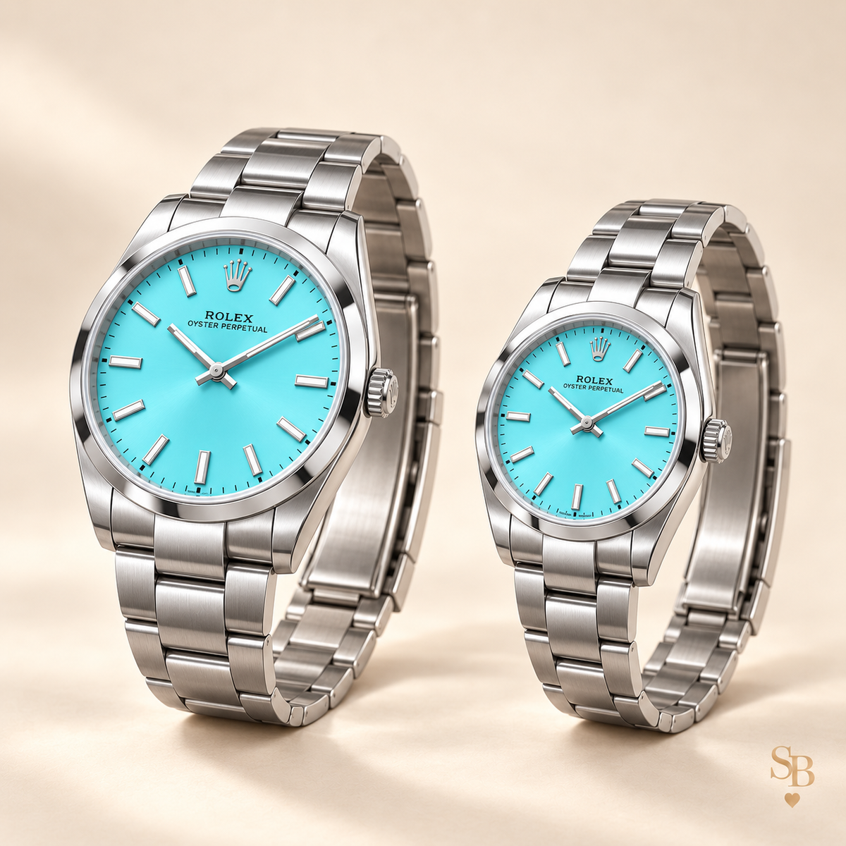 Partneruhren-Set – Silberfarben & Türkisblau – 41 & 31 mm – Seitenansicht und Armband