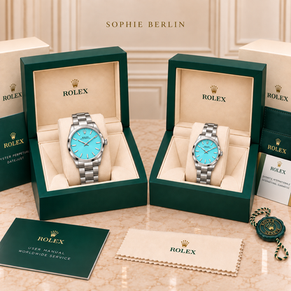 Partneruhren-Set – Silberfarben & Türkisblau – 41 & 31 mm – zwei schräg gegenüberstehende Boxen mit Zubehör