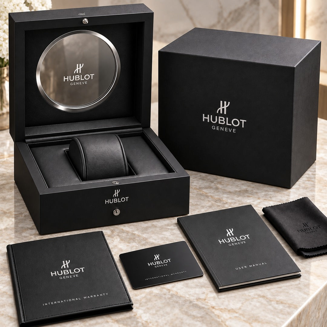 Hublot Verpackungsset auf hellem Marmor – Beispielabbildung