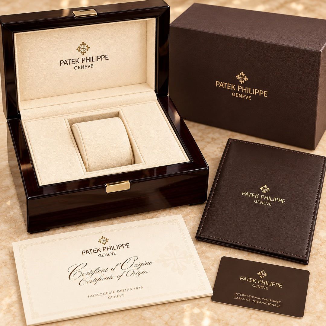 Patek Philippe Verpackungsset ohne Uhr auf hellem Marmor – Beispielabbildung