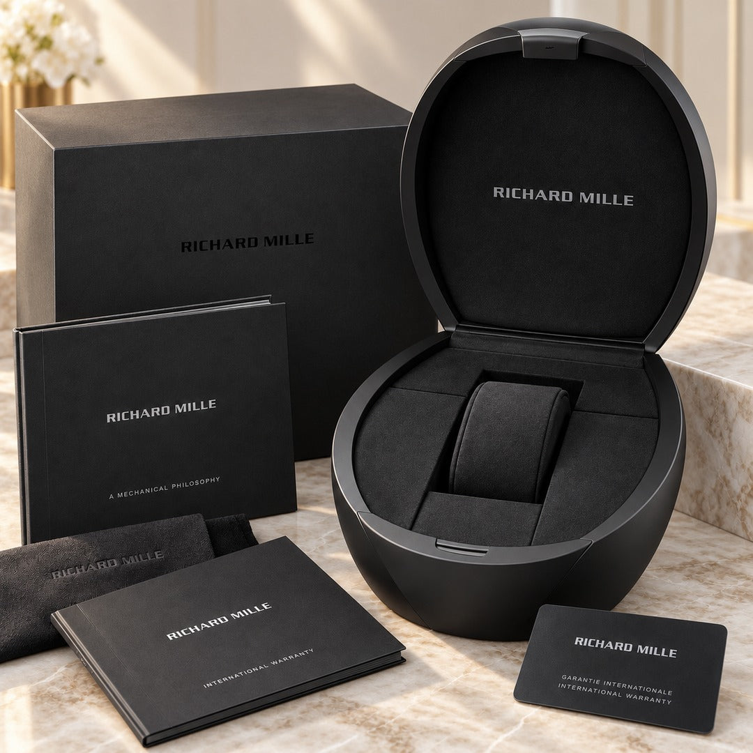 Richard Mille Verpackungsset auf hellem Marmor – Beispielabbildung