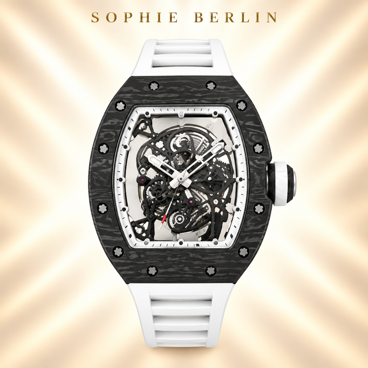 Veloce Sportuhr – Schwarz mit weißem Armband – Detailansicht
