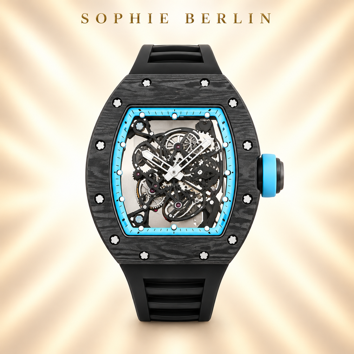Veloce Sportuhr – Schwarz mit eisblauem Rahmen – Detailansicht