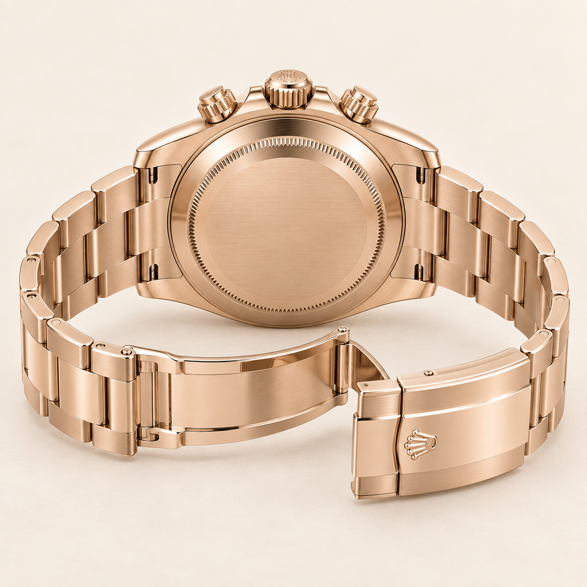 Seraphine Herren-Chronograph – geschlossener Gehäuseboden und geöffnete Faltschließe