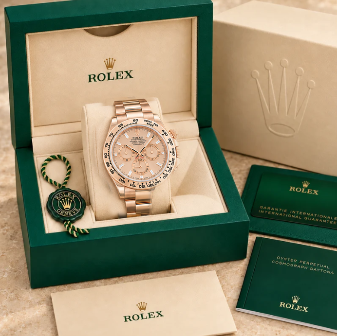 Seraphine Herren-Chronograph – Rosé & Steinbesatz | 40 mm in groene Rolex-doos