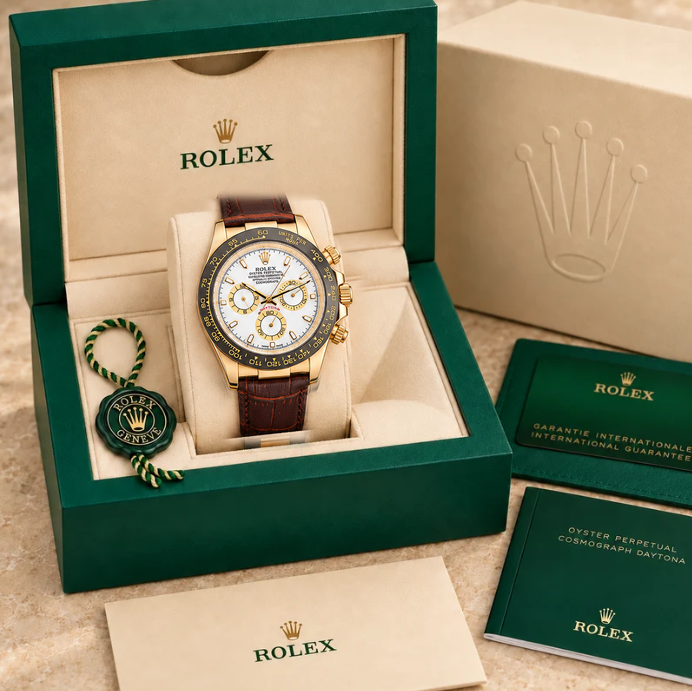 Sereno Chronograph – Weiß & Roségoldfarben | 39 mm in groene Rolex-doos