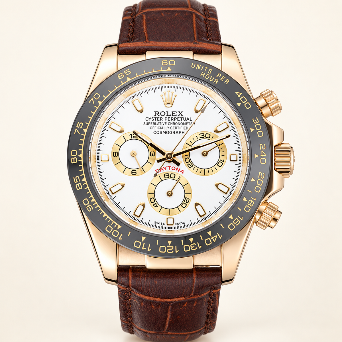 Sereno Chronograph, Frontansicht mit weißem Zifferblatt und braunem Lederoptik-Armband