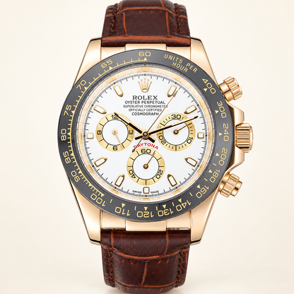 Sereno Chronograph, Frontansicht mit weißem Zifferblatt und braunem Lederoptik-Armband