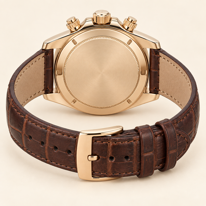 Sereno Chronograph, geschlossene roségoldfarbene Rückseite und geöffnetes braunes Lederoptik-Armband