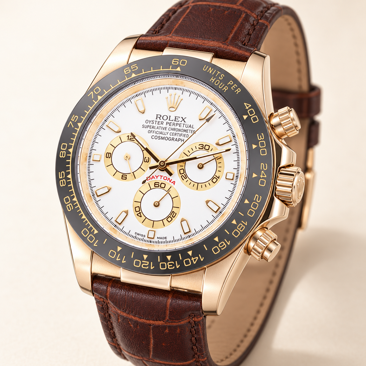 Sereno Chronograph, Seitenansicht mit roségoldfarbener Krone und Drückern
