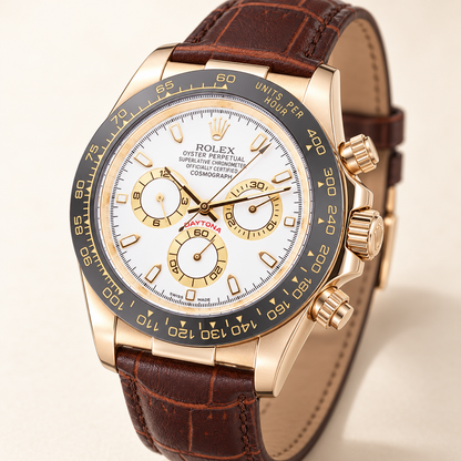 Sereno Chronograph, Seitenansicht mit roségoldfarbener Krone und Drückern
