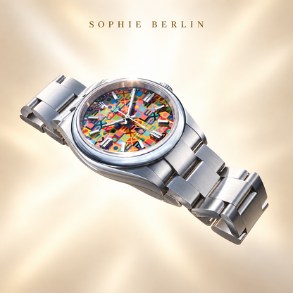 Farbenfrohe Damenuhr – Silber & Farbmosaik – Seitliche Ansicht mit Armband – Sophie Berlin