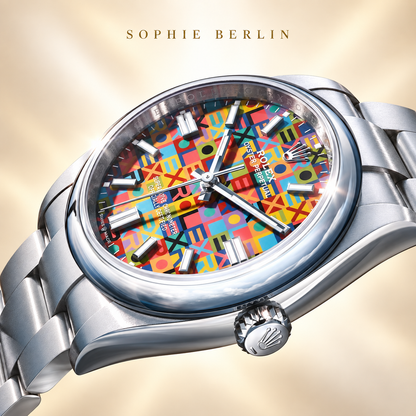Farbenfrohe Damenuhr – Silber & Farbmosaik – Schrägansicht von Gehäuse und Krone – Sophie Berlin