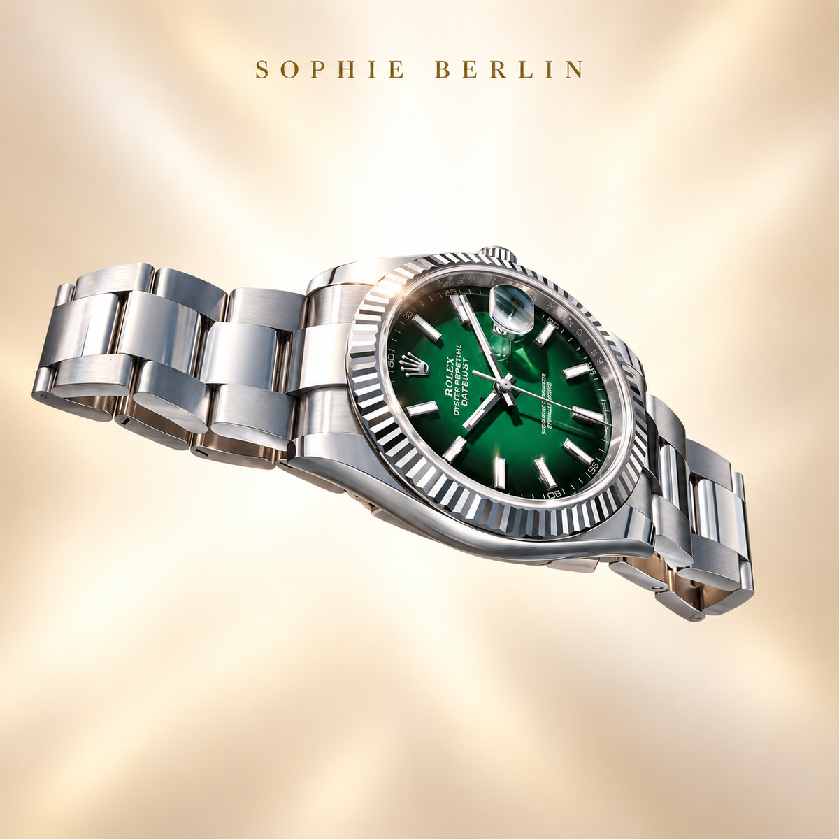 Elegante Herrenuhr – Silber & Smaragdgrün – Schrägansicht mit Armband – Sophie Berlin