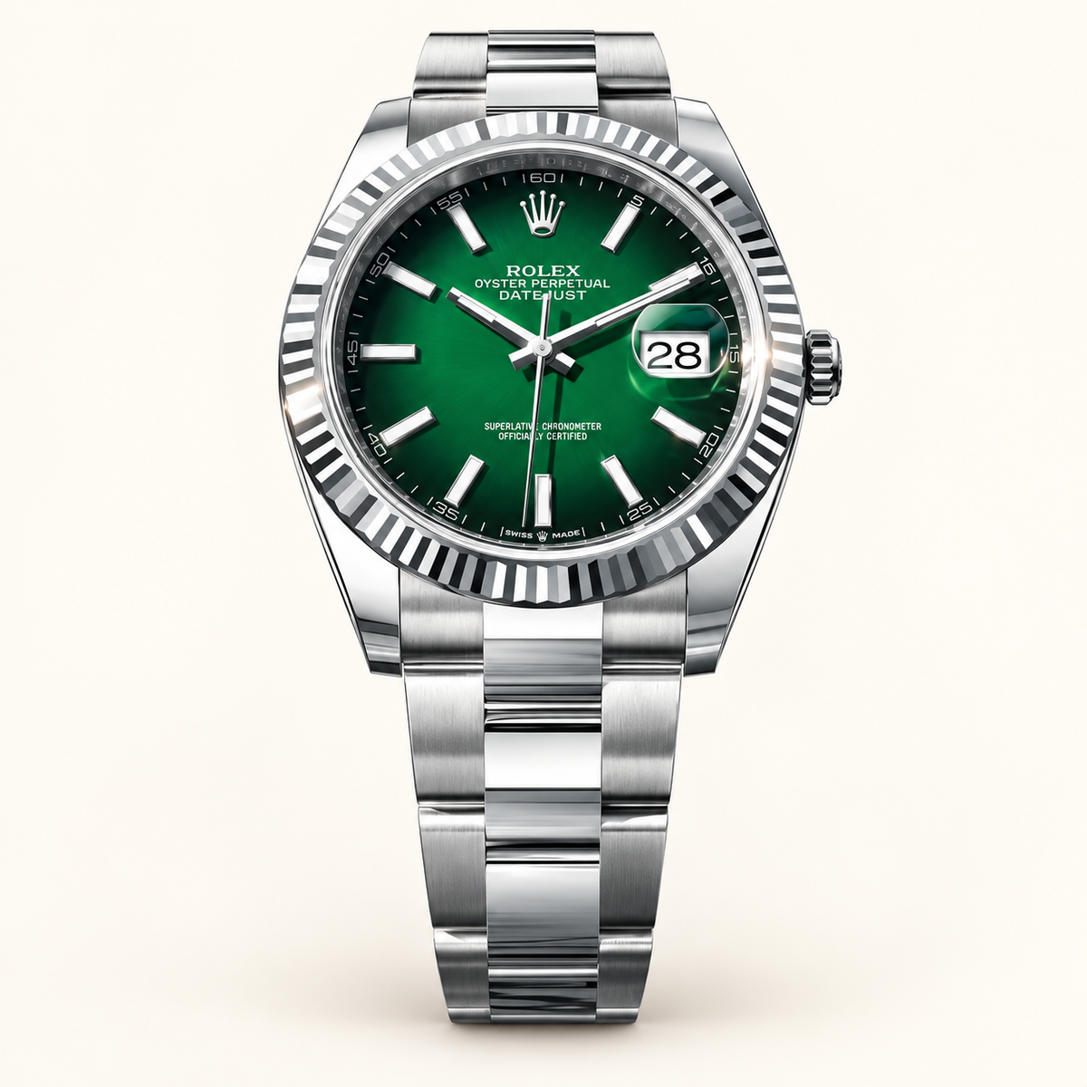 Elegante Herrenuhr – Silber & Smaragdgrün – Vorderansicht mit Gliederarmband