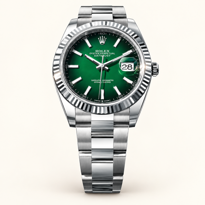 Elegante Herrenuhr – Silber & Smaragdgrün – Vorderansicht mit Gliederarmband