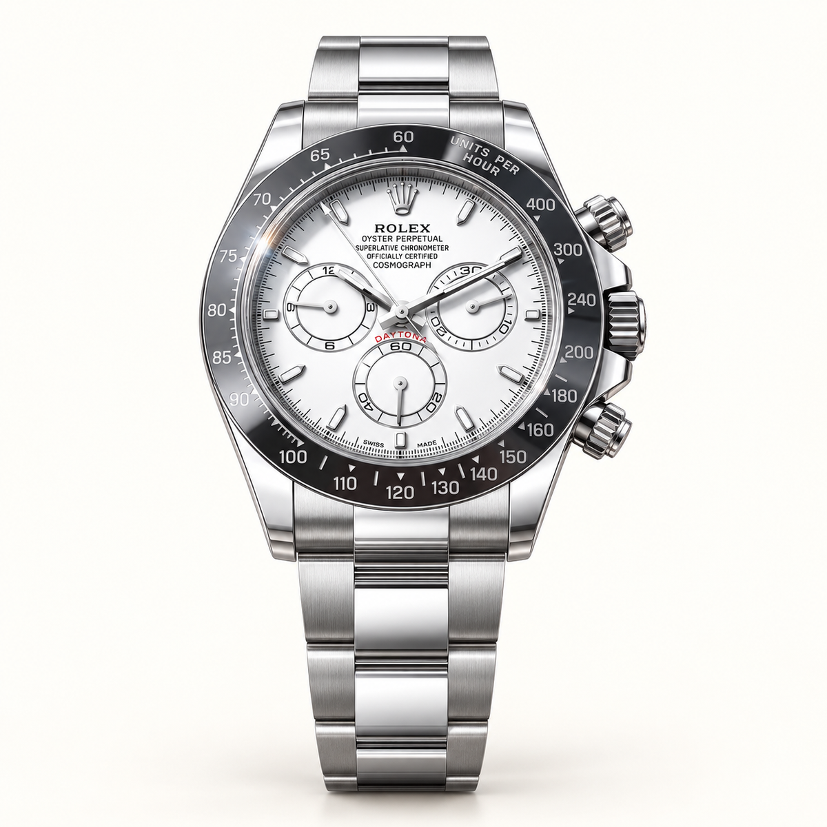 Sportliche Herrenuhr – Silber & Weiß – Vorderansicht mit Gliederarmband