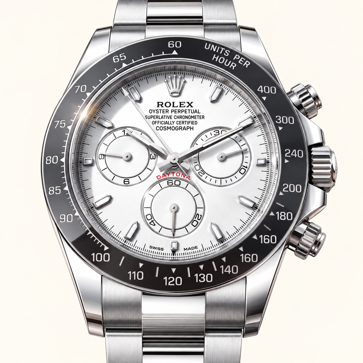 Sportliche Herrenuhr – Silber & Weiß – Detailansicht von Zifferblatt, Lünette und sichtbarer Krone