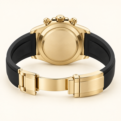 Solaro Herren-Chronograph – geschlossener Gehäuseboden und geöffnetes schwarzes Armband