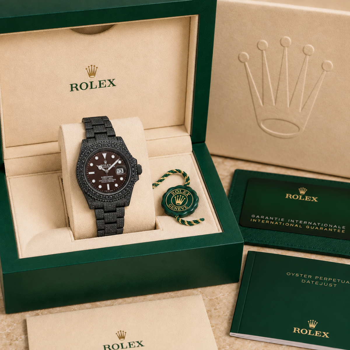Marinus Schmuckstein-Uhr Schwarz-Braun – 41 mm in grüner Luxusbox mit Zertifikaten und Booklets