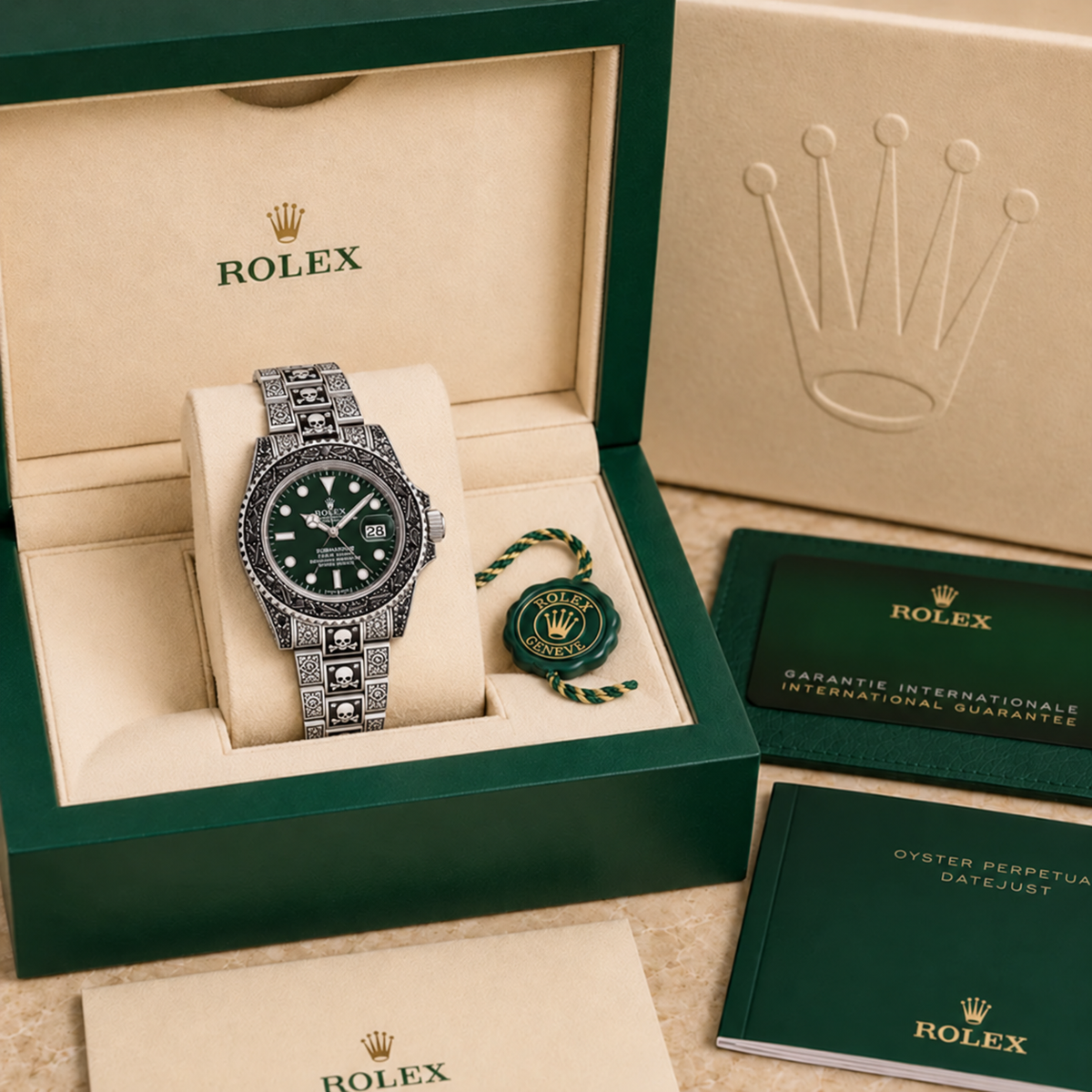 Marinus Schmuckstein-Uhr Silber-Grün – 41 mm in grüner Luxusbox mit Zertifikaten und Booklets