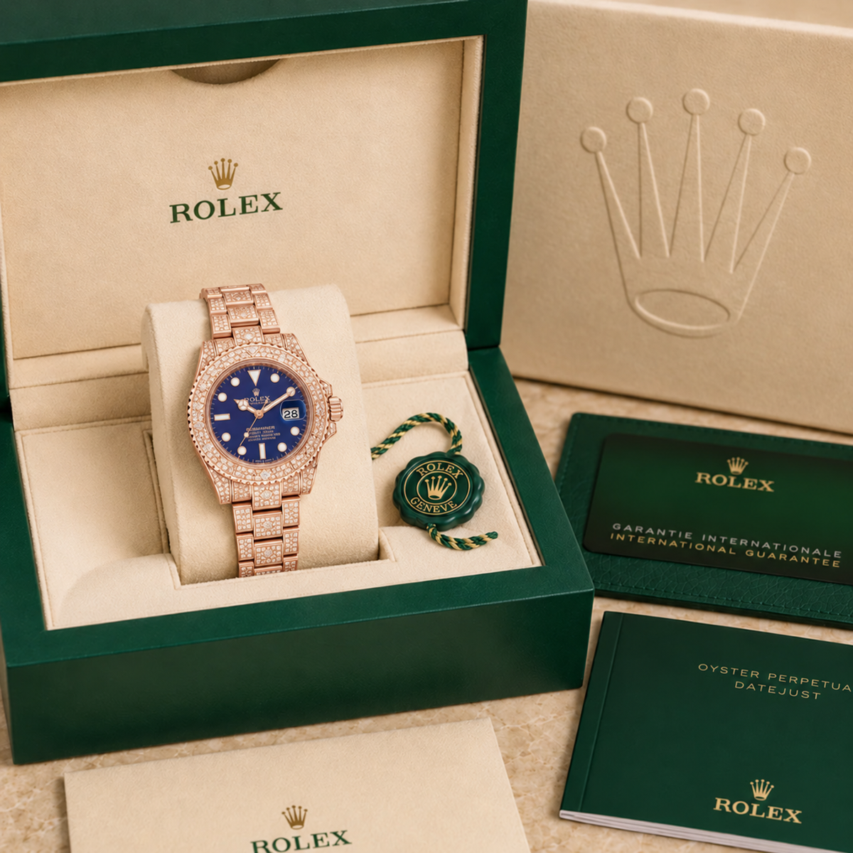 Marinus Schmuckstein-Uhr Roségold-Blau – 41 mm in grüner Luxusbox mit Zertifikaten und Booklets
