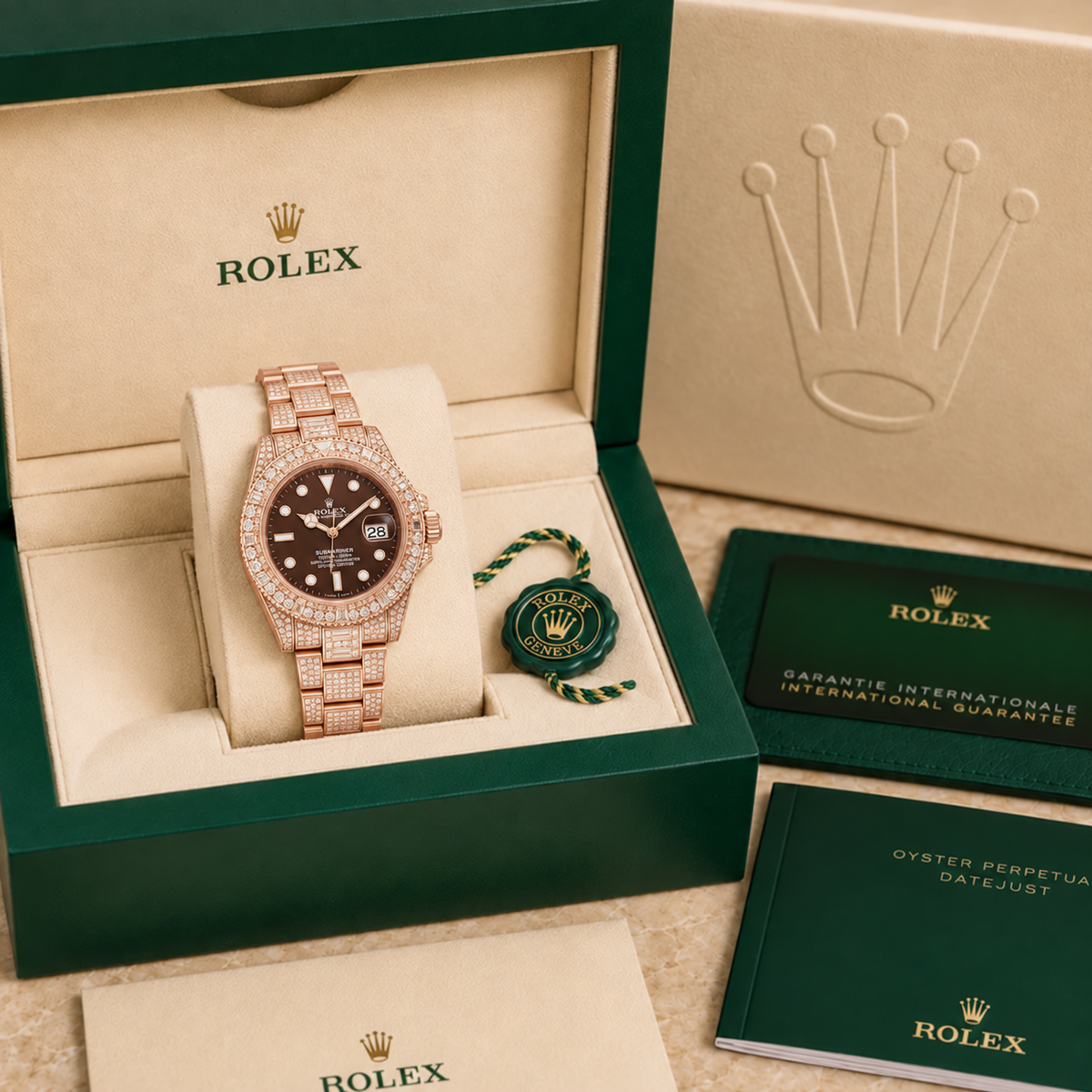 Marinus Schmuckstein-Uhr Roségold-Braun – 41 mm in grüner Luxusbox mit Zertifikaten und Booklets
