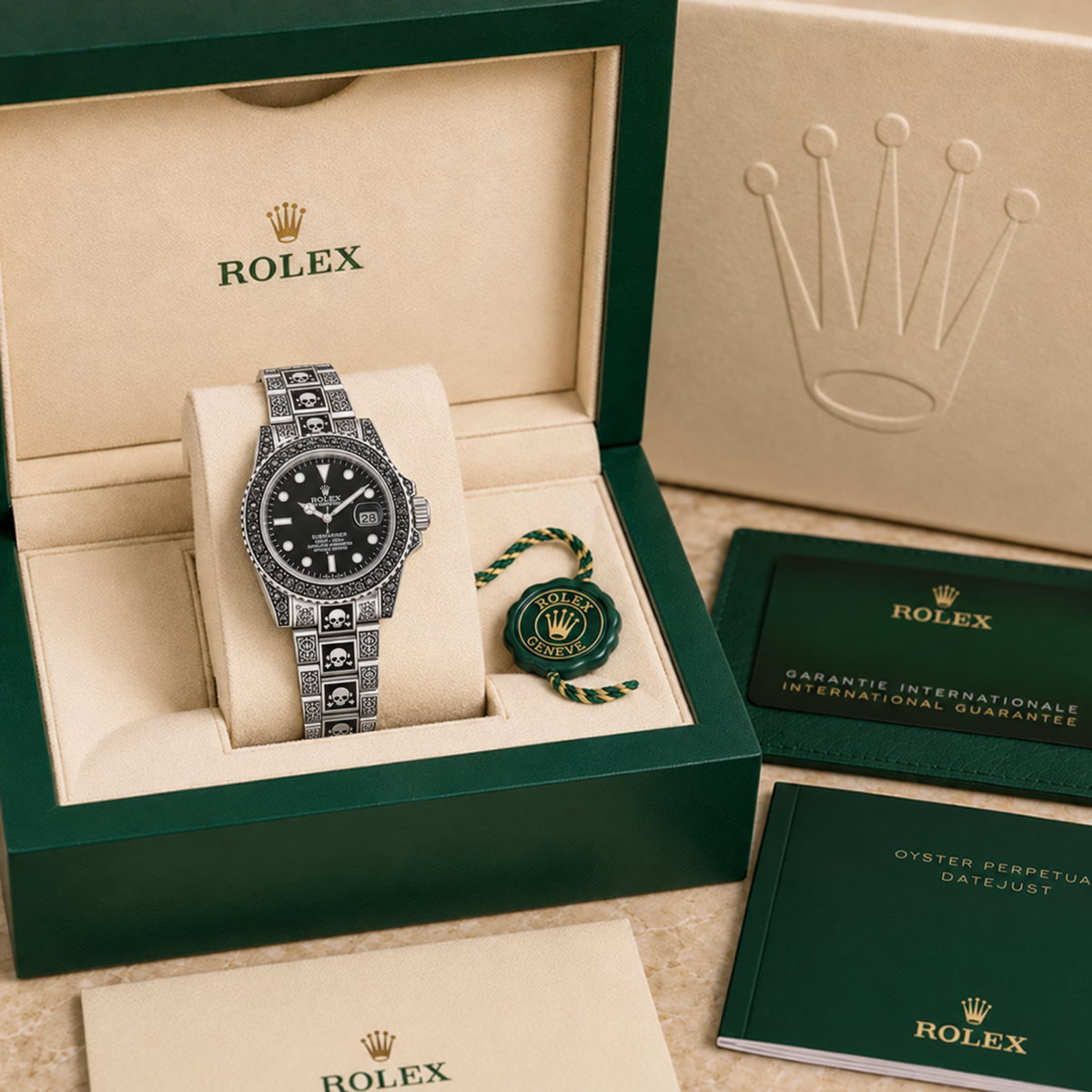 Marinus Schmuckstein-Uhr Silber-Schwarz – 41 mm in grüner Luxusbox mit Zertifikaten und Booklets