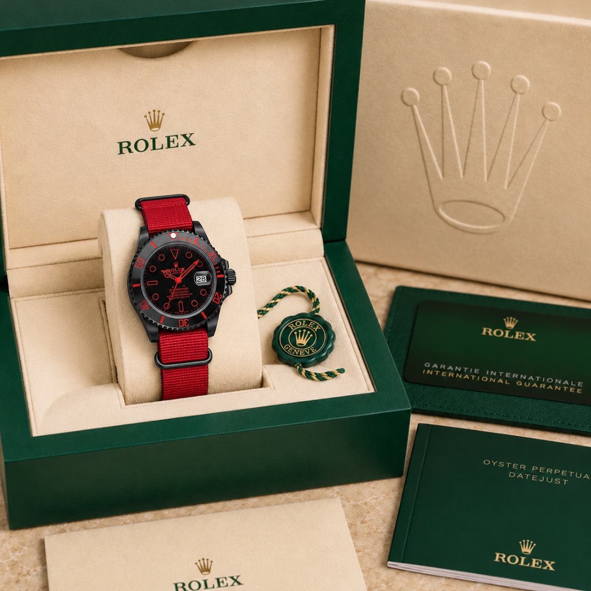 Marinus Sportuhr Schwarz-Rot – 40 mm in grüner Luxusbox mit Zertifikaten und Booklets