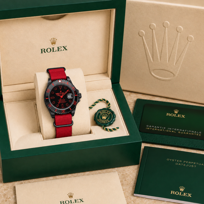 Marinus Sportuhr Schwarz-Rot – 40 mm in grüner Luxusbox mit Zertifikaten und Booklets