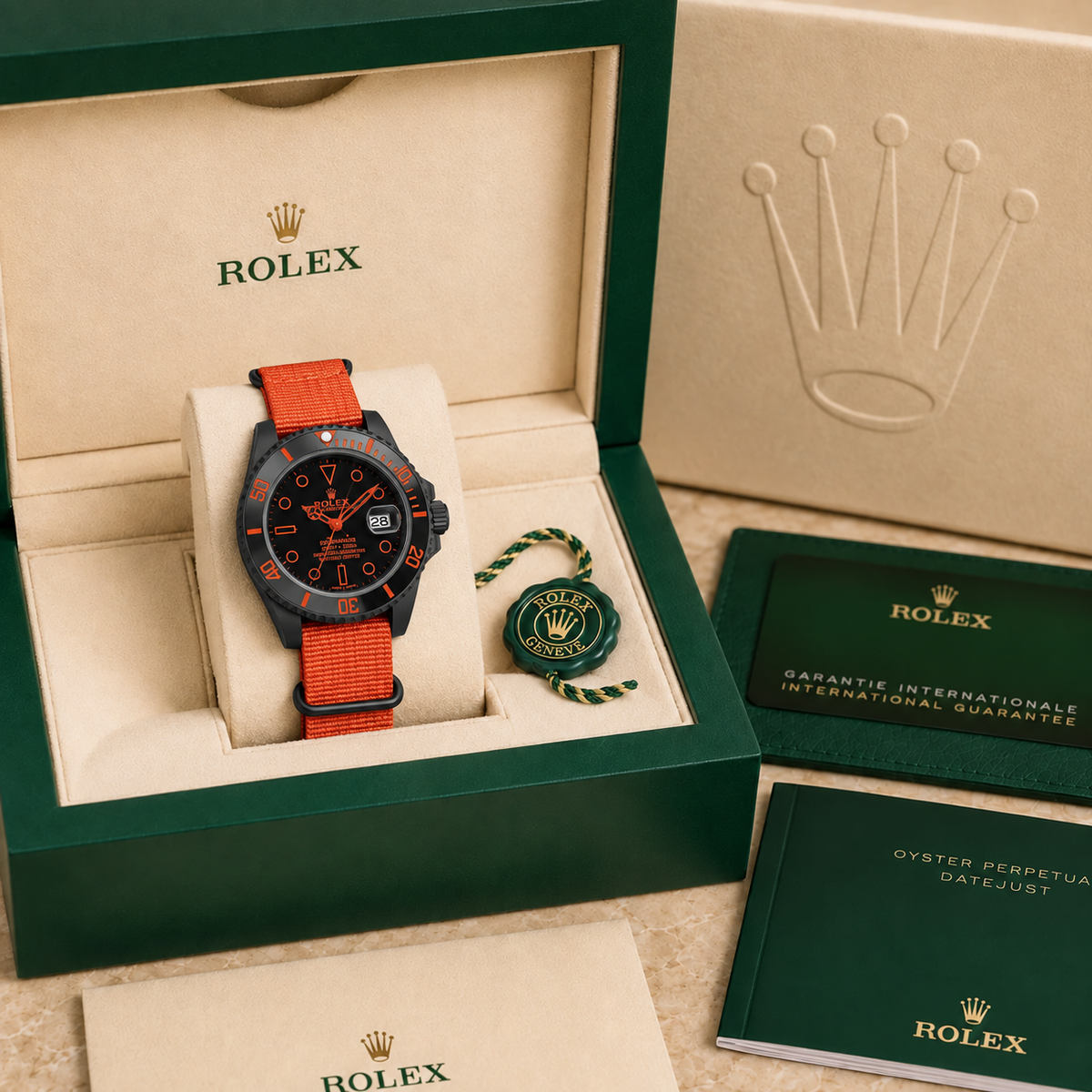 Marinus Sportuhr Schwarz-Orange – 40 mm in grüner Luxusbox mit Zertifikaten und Booklets